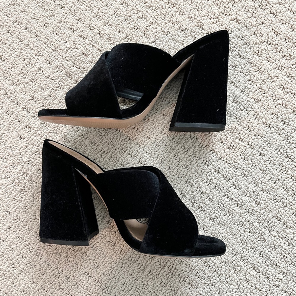 New Black Velvet SCHUTZ Block Heels with Cross Strap Pattern